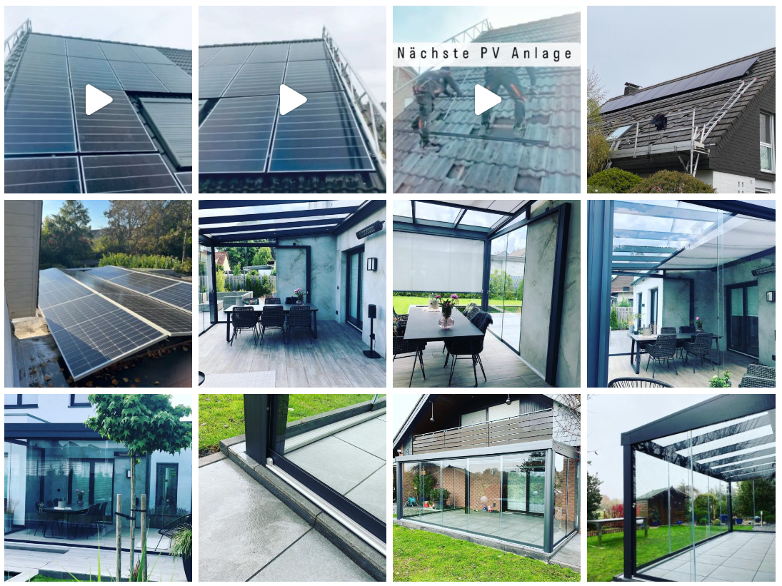 Moderne Hausfassade mit Solaranlage, Wintergarten und Terrasse – zeitgemäße Architektur.